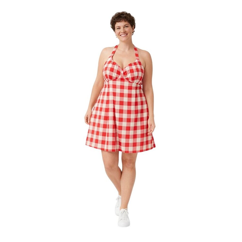New Red & White Gingham Halter Dress With Smocked Back And Flared Skirt